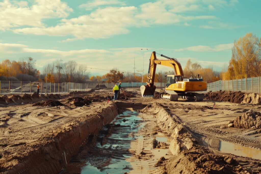 a backhoe and workers in high visibility vests actively engage in construction work under a cloudy sky, amidst a large, open site. a backhoe and workers in high visibility vests actively engage in construction work under a cloudy sky, amidst a large, open site.