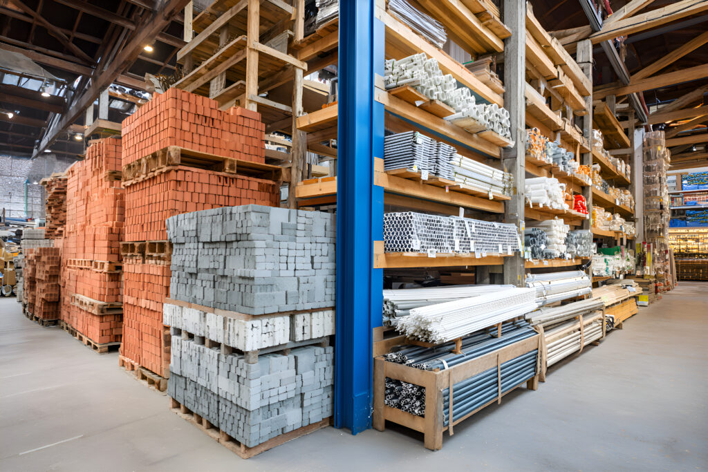 large hardware store stocking bricks, blocks, pipes and metal sections large hardware store stocking bricks, blocks, pipes and metal sections
