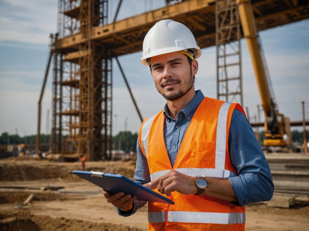 man orange vest is holding tablet front construction site man orange vest is holding tablet front construction site